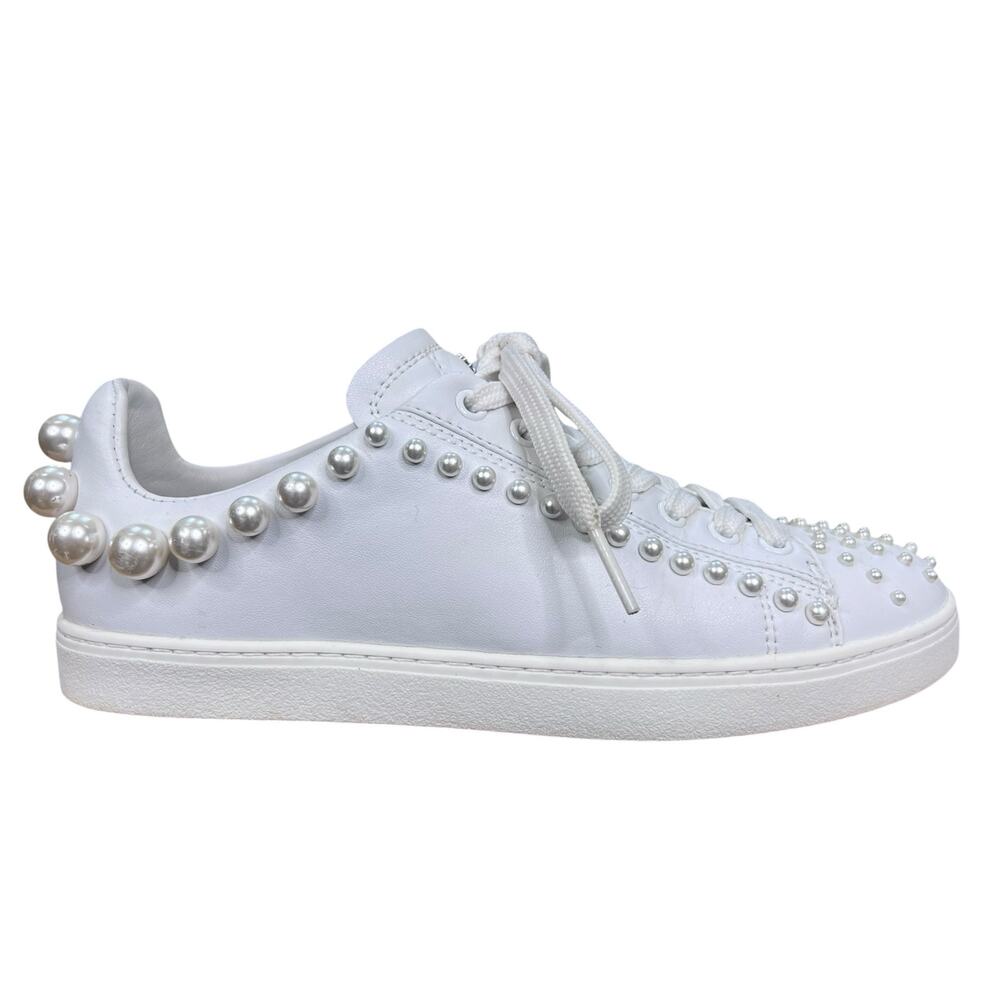 Stuart Weitzman Courtside Pearl White Leather Embellished Sneakers Size 5.5